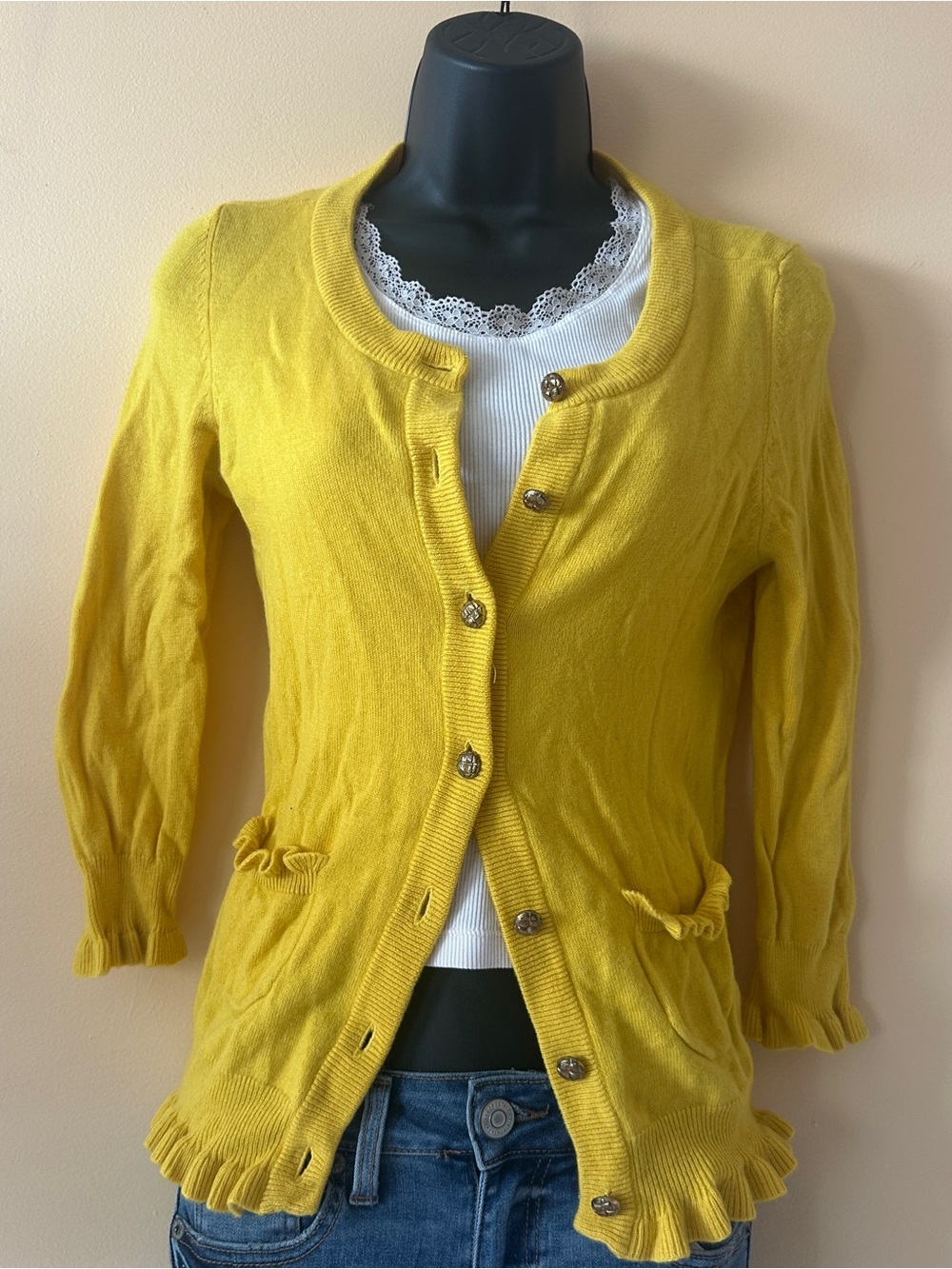 Juicy Couture Yellow Ruffle Button Cardigan | Size Small